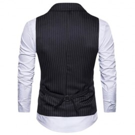 TURNDOWN COLLAR DOUBLE BREASTED BELT VERTICAL STRIPE WAISTCOAT (BLACK)