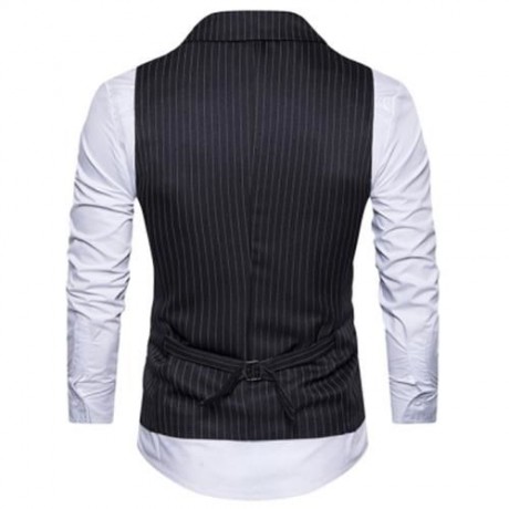 TURNDOWN COLLAR DOUBLE BREASTED BELT VERTICAL STRIPE WAISTCOAT (BLACK)