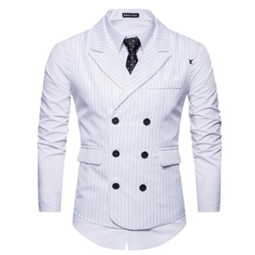 TURNDOWN COLLAR DOUBLE BREASTED BELT VERTICAL STRIPE WAISTCOAT (WHITE)
