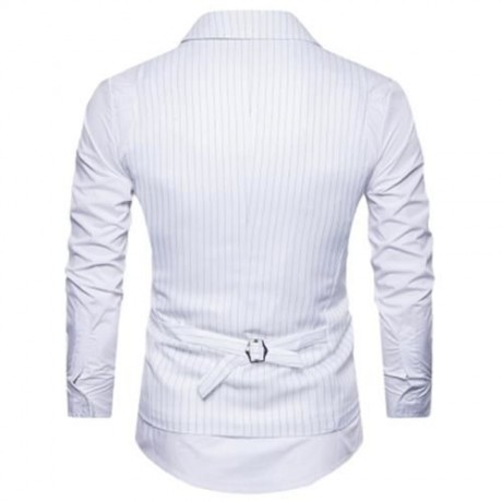 TURNDOWN COLLAR DOUBLE BREASTED BELT VERTICAL STRIPE WAISTCOAT (WHITE)
