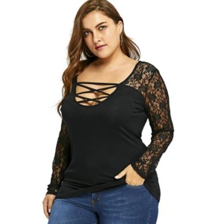 PLUS SIZE LACE YOKE U NECK TOP (BLACK)