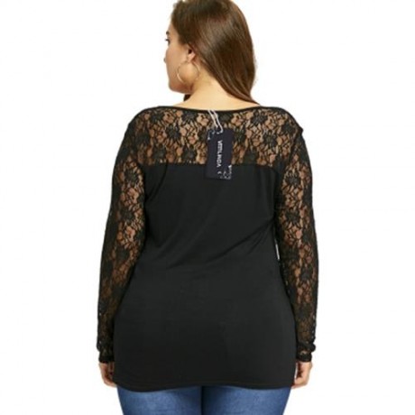 PLUS SIZE LACE YOKE U NECK TOP (BLACK)