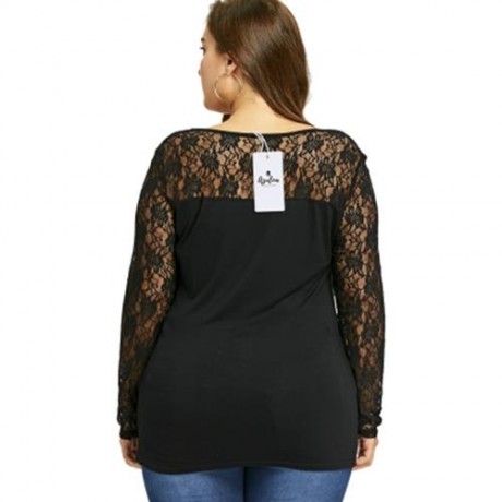 PLUS SIZE LACE YOKE U NECK TOP (BLACK)