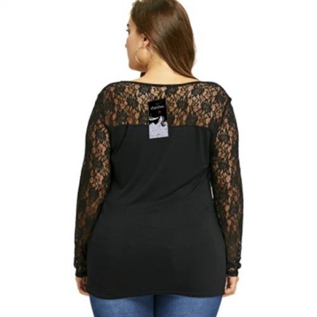 PLUS SIZE LACE YOKE U NECK TOP (BLACK)