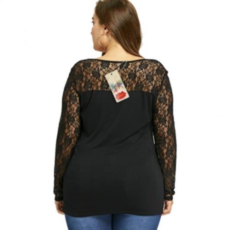 PLUS SIZE LACE YOKE U NECK TOP (BLACK)