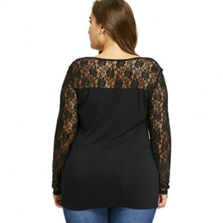 PLUS SIZE LACE YOKE U NECK TOP (BLACK)