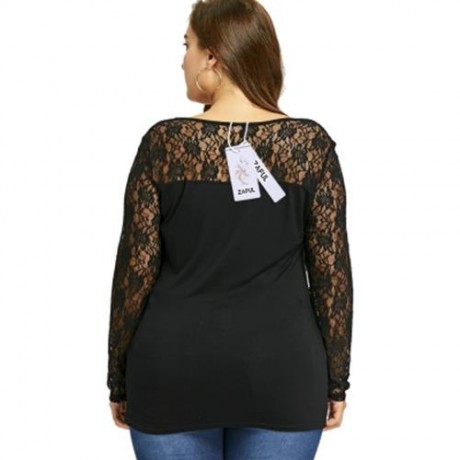 PLUS SIZE LACE YOKE U NECK TOP (BLACK)