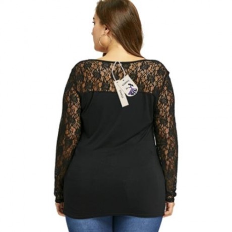 PLUS SIZE LACE YOKE U NECK TOP (BLACK)