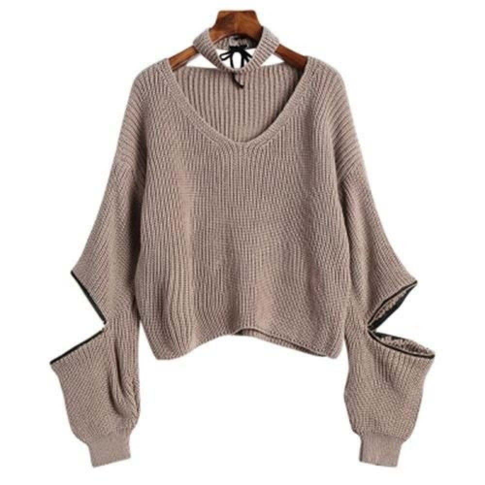 DROPPED SHOULDER ZIP EMBELLISHED SWEATER WITH CHOKER (KHAKI)
