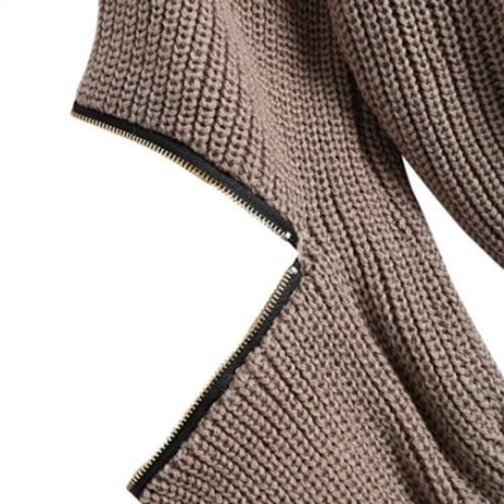 DROPPED SHOULDER ZIP EMBELLISHED SWEATER WITH CHOKER (KHAKI)