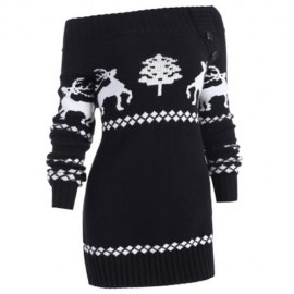OFF THE SHOULDER KNIT TUNIC REINDEER SWEATER (BLACK)