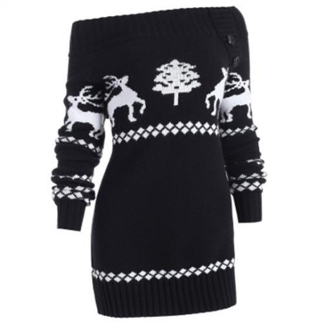 OFF THE SHOULDER KNIT TUNIC REINDEER SWEATER (BLACK)