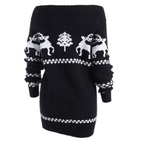 OFF THE SHOULDER KNIT TUNIC REINDEER SWEATER (BLACK)