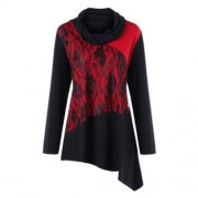 PLUS SIZE TWO TONE LACE TRIM ASYMMETRICAL TOP (RED WITH BLACK)