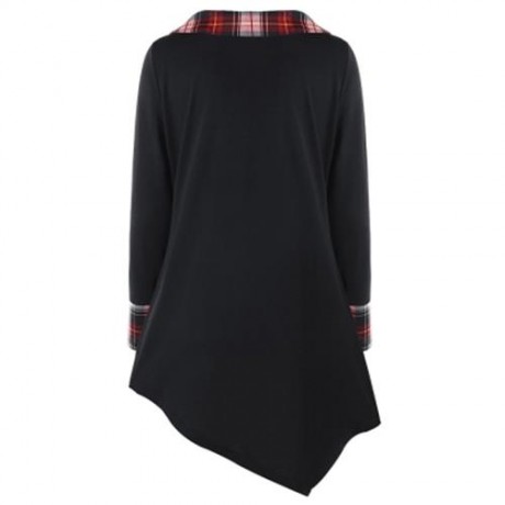 PLUS SIZE PLAID TRIM ASYMMETRICAL T-SHIRT (BLACK)