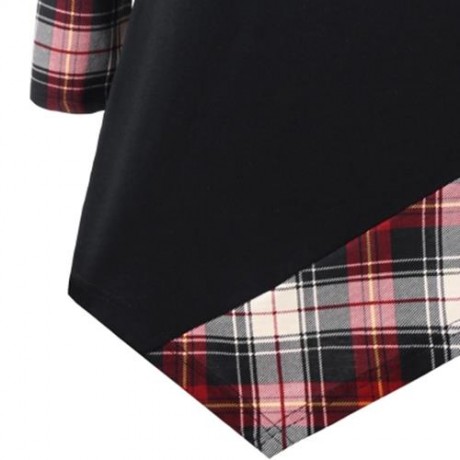 PLUS SIZE PLAID TRIM ASYMMETRICAL T-SHIRT (BLACK)