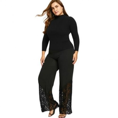 PLUS SIZE LACE TRIM PALAZZO PANTS (BLACK)