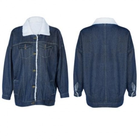 FEMALE WINTER THICKEN TURN-OVER COLLAR FLEECES DENIM COAT (DEEP BLUE)