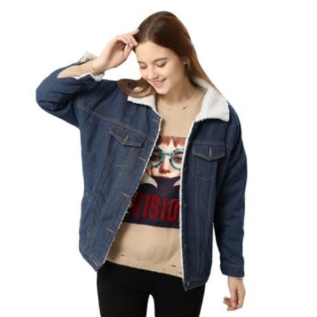 FEMALE WINTER THICKEN TURN-OVER COLLAR FLEECES DENIM COAT (DEEP BLUE)