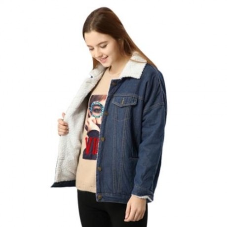 FEMALE WINTER THICKEN TURN-OVER COLLAR FLEECES DENIM COAT (DEEP BLUE)