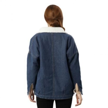 FEMALE WINTER THICKEN TURN-OVER COLLAR FLEECES DENIM COAT (DEEP BLUE)