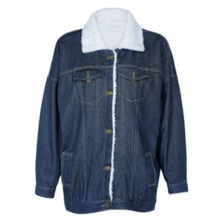 FEMALE WINTER THICKEN TURN-OVER COLLAR FLEECES DENIM COAT (DEEP BLUE)