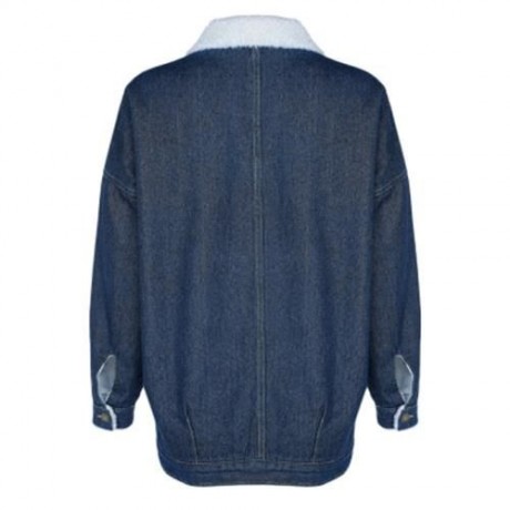 FEMALE WINTER THICKEN TURN-OVER COLLAR FLEECES DENIM COAT (DEEP BLUE)