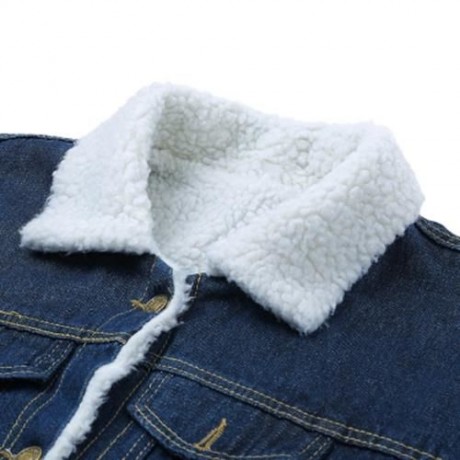 FEMALE WINTER THICKEN TURN-OVER COLLAR FLEECES DENIM COAT (DEEP BLUE)