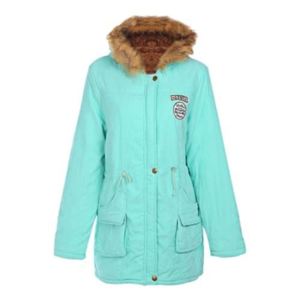 FUR HOODED LONG SLEEVE JACKET WOMEN PARKA POCKETS COAT (APPLE GREEN)