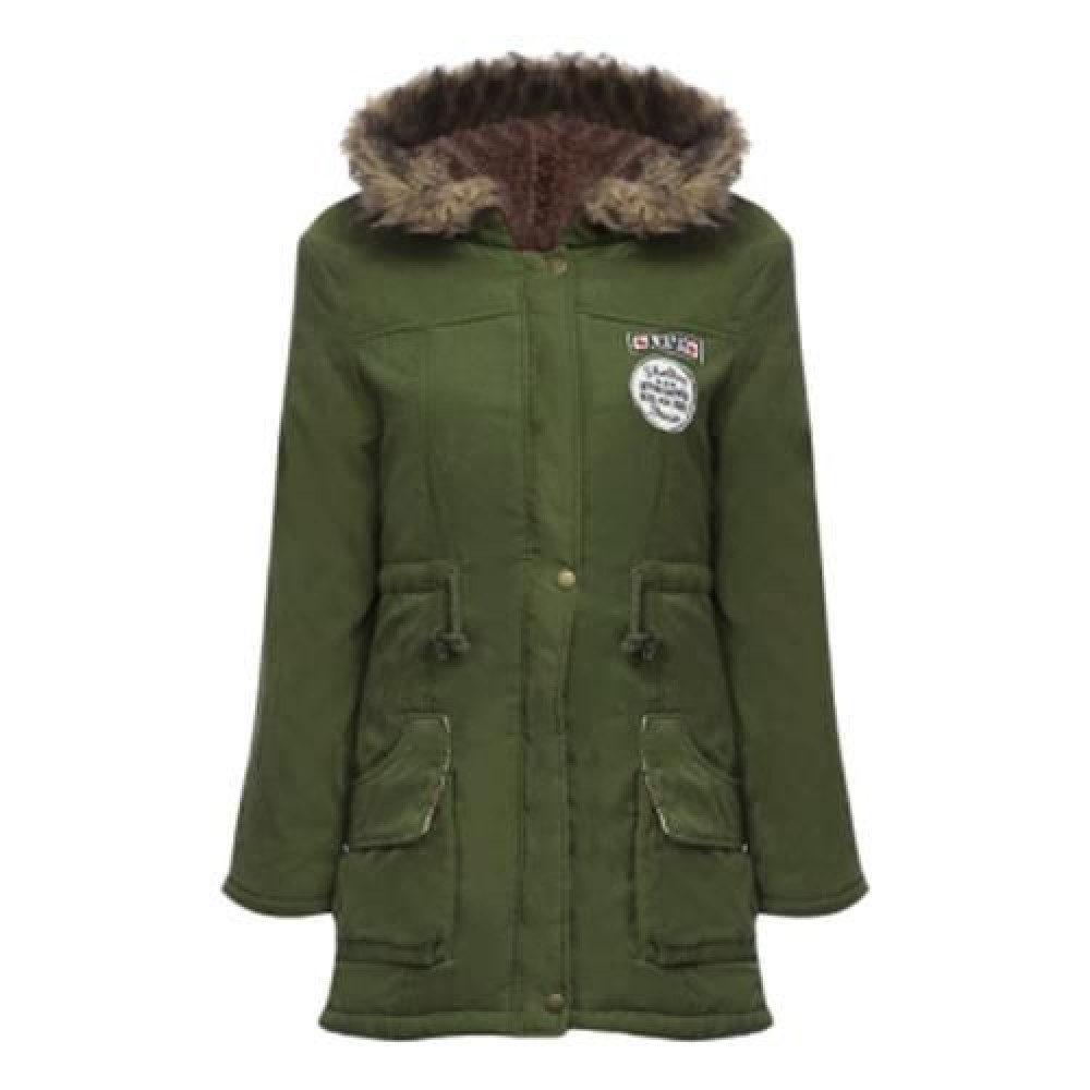 FUR HOODED LONG SLEEVE JACKET WOMEN PARKA POCKETS COAT (ARMY GREEN)