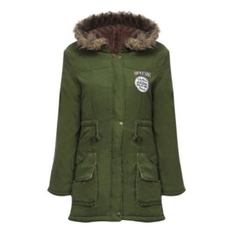 FUR HOODED LONG SLEEVE JACKET WOMEN PARKA POCKETS COAT (ARMY GREEN)