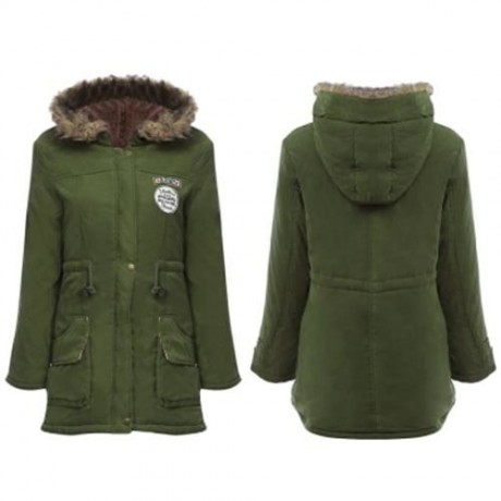 FUR HOODED LONG SLEEVE JACKET WOMEN PARKA POCKETS COAT (ARMY GREEN)