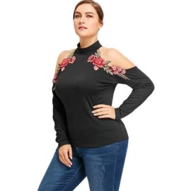 PLUS SIZE COLD SHOULDER FLORAL EMBROIDERED T-SHIRT (BLACK)