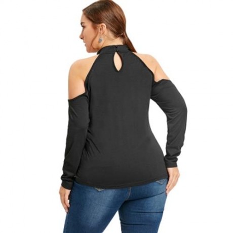 PLUS SIZE COLD SHOULDER FLORAL EMBROIDERED T-SHIRT (BLACK)