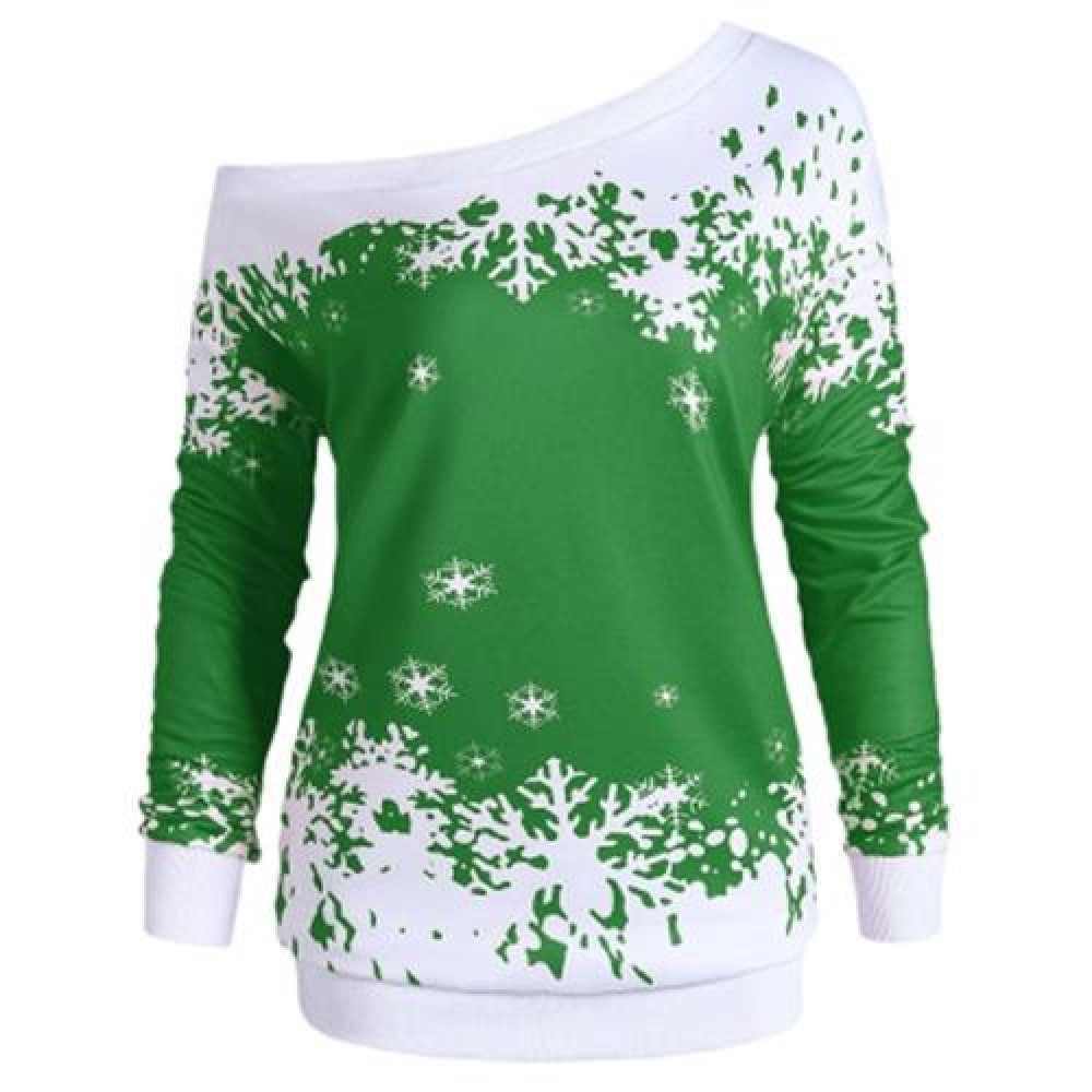 PLUS SIZE ONE SHOULDER CHRISTMAS SNOWFLAKE SWEATSHIRT (GREEN)