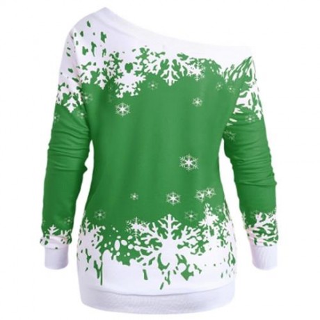 PLUS SIZE ONE SHOULDER CHRISTMAS SNOWFLAKE SWEATSHIRT (GREEN)