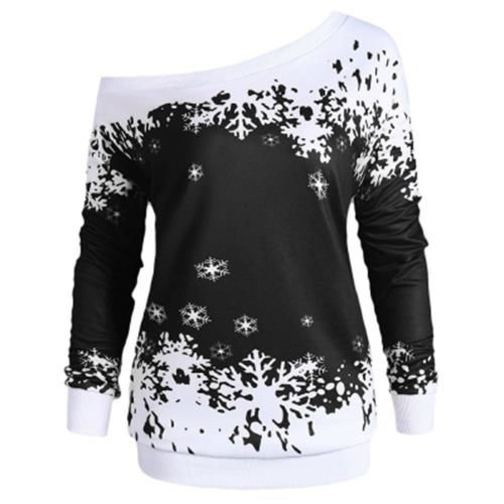 PLUS SIZE ONE SHOULDER CHRISTMAS SNOWFLAKE SWEATSHIRT (BLACK)