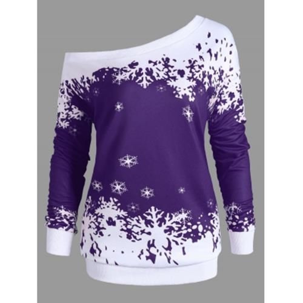 PLUS SIZE ONE SHOULDER CHRISTMAS SNOWFLAKE SWEATSHIRT (PURPLE)
