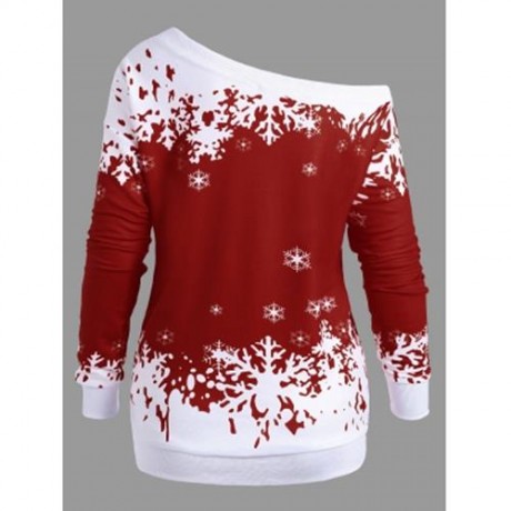 PLUS SIZE ONE SHOULDER CHRISTMAS SNOWFLAKE SWEATSHIRT (WINE RED)