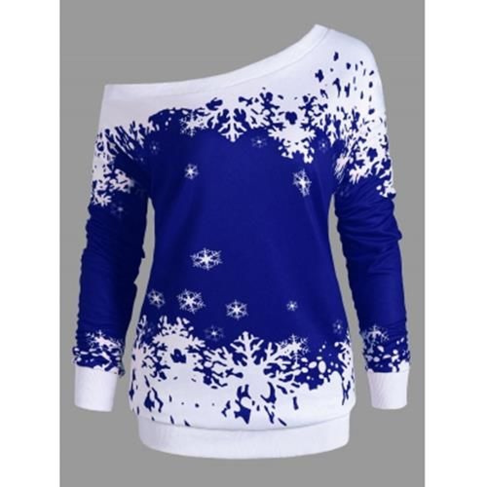 PLUS SIZE ONE SHOULDER CHRISTMAS SNOWFLAKE SWEATSHIRT (BLUE)