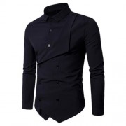 DOUBLE BREASTED LONG SLEEVE LAYERED SHIRT (BLACK)