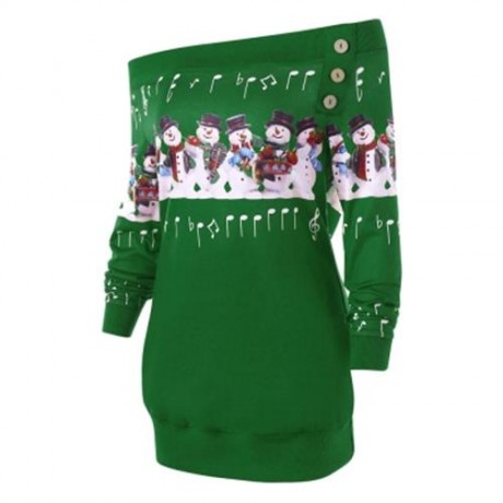 CHRISTMAS PLUS SIZE SNOWMAN OFF THE SHOULDER SWEATSHIRT (GREEN)