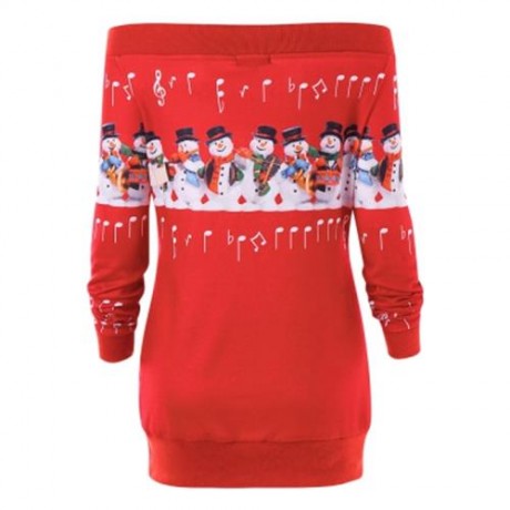 CHRISTMAS PLUS SIZE SNOWMAN OFF THE SHOULDER SWEATSHIRT (BRIGHT RED)