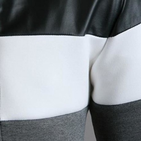CLASSIC COLOR BLOCK PU LEATHER SPLICED RIB HEM STAND COLLAR LONG SLEEVES MEN'S SLIMMING JA