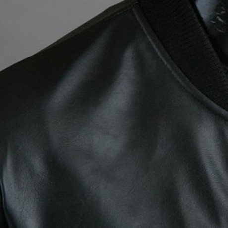 CLASSIC COLOR BLOCK PU LEATHER SPLICED RIB HEM STAND COLLAR LONG SLEEVES MEN'S SLIMMING JA