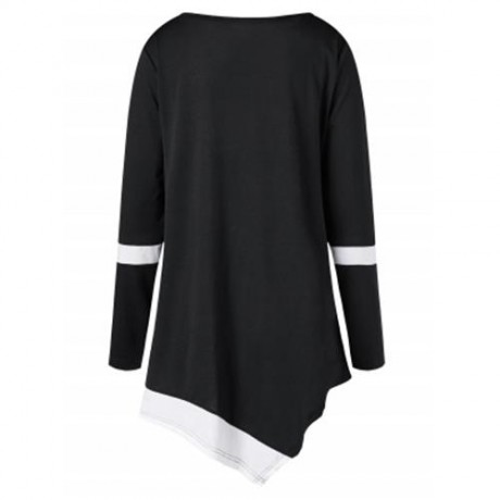 PLUS SIZE TWO TONE COLOR ASYMMETRIC LONG TOP (BLACK)