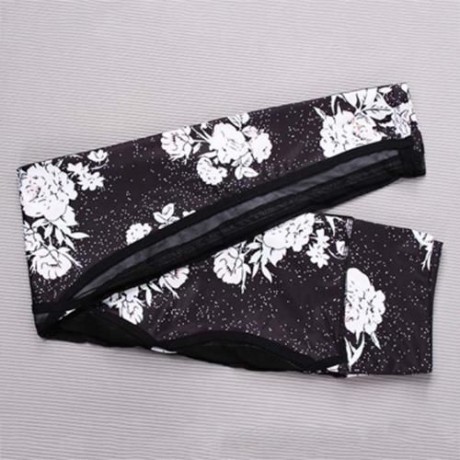 TRENDY MID WAIST FLORAL PRINT SPLICED SKINNY WOMEN YOGA PANTS (BLACK)