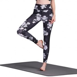 TRENDY MID WAIST FLORAL PRINT SPLICED SKINNY WOMEN YOGA PANTS (BLACK)