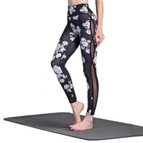 TRENDY MID WAIST FLORAL PRINT SPLICED SKINNY WOMEN YOGA PANTS (BLACK)