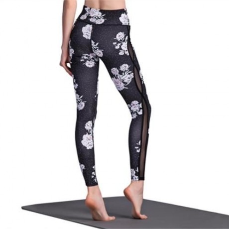 TRENDY MID WAIST FLORAL PRINT SPLICED SKINNY WOMEN YOGA PANTS (BLACK)